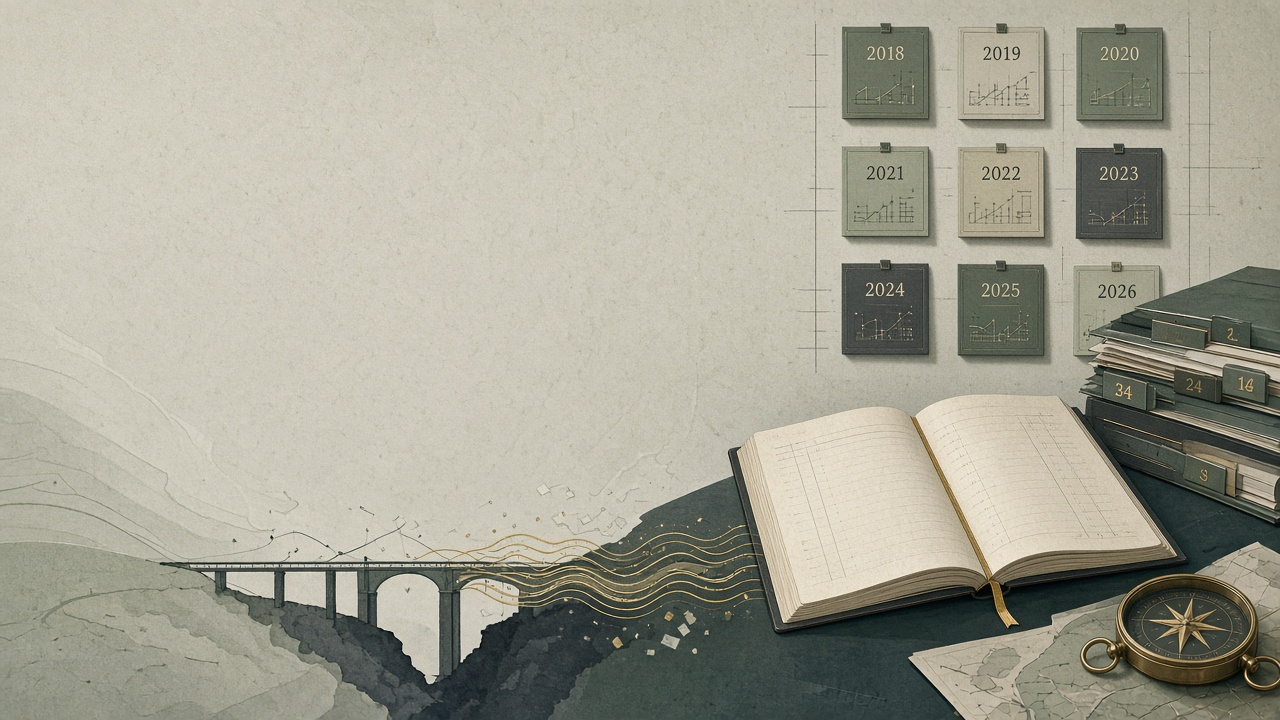 Editorial illustration of a ledger, dated playbook files, and a bridge of cash-flow turning into gold threads.